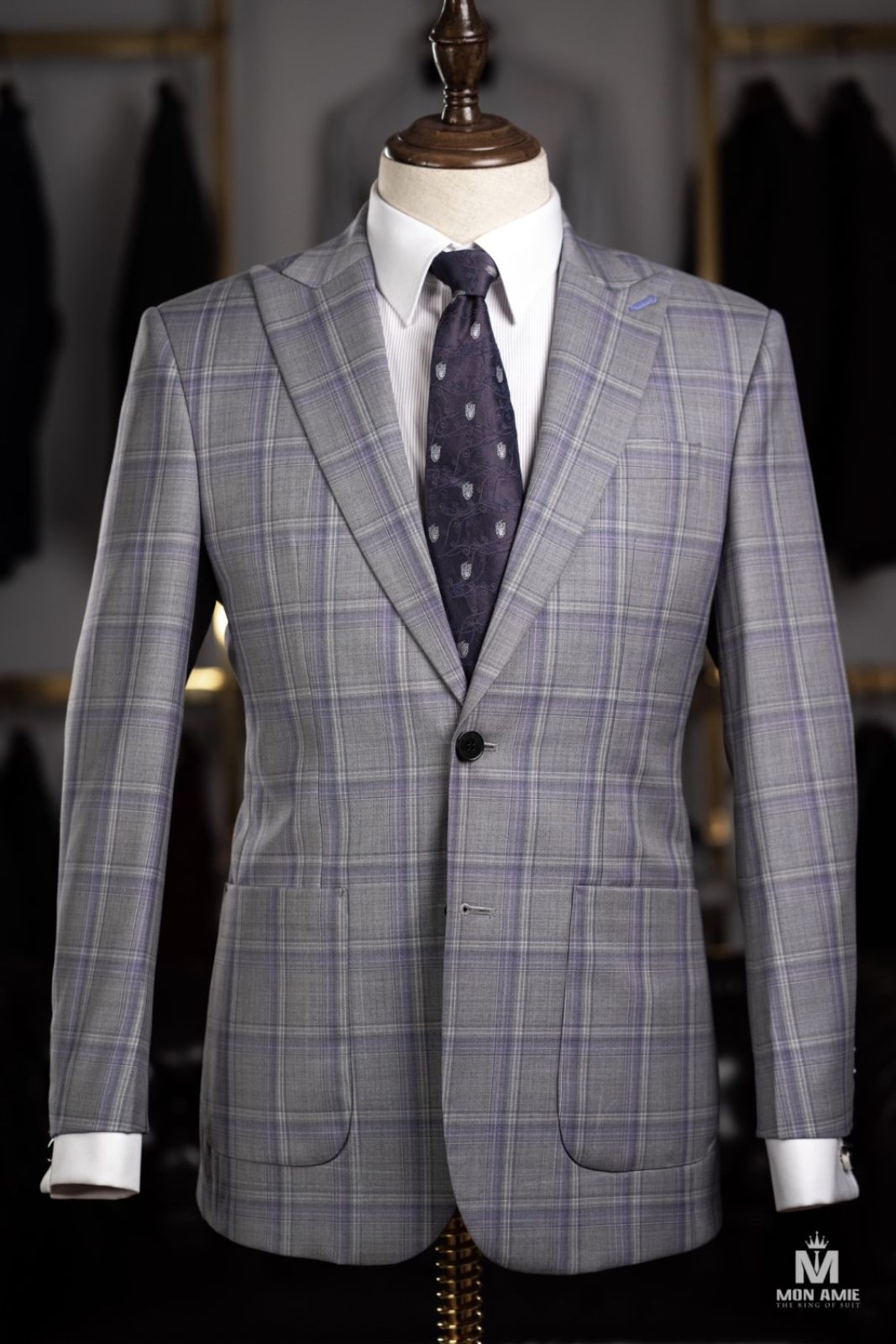 Purple Plaid On Light Grey Suit With Patched Pockets 